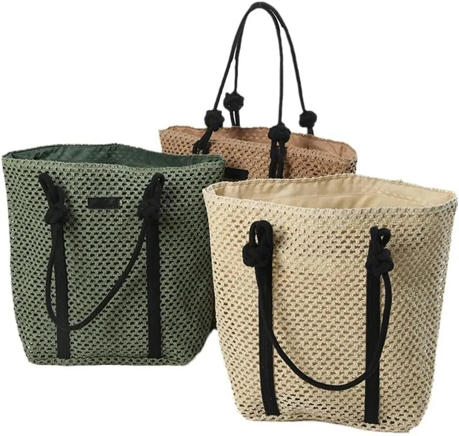 Straw Tote Handbag for Women Simple Satchel Handbag with Knot Strap Summer Vacation Hobo Bag Large Sling Shoulder Bag