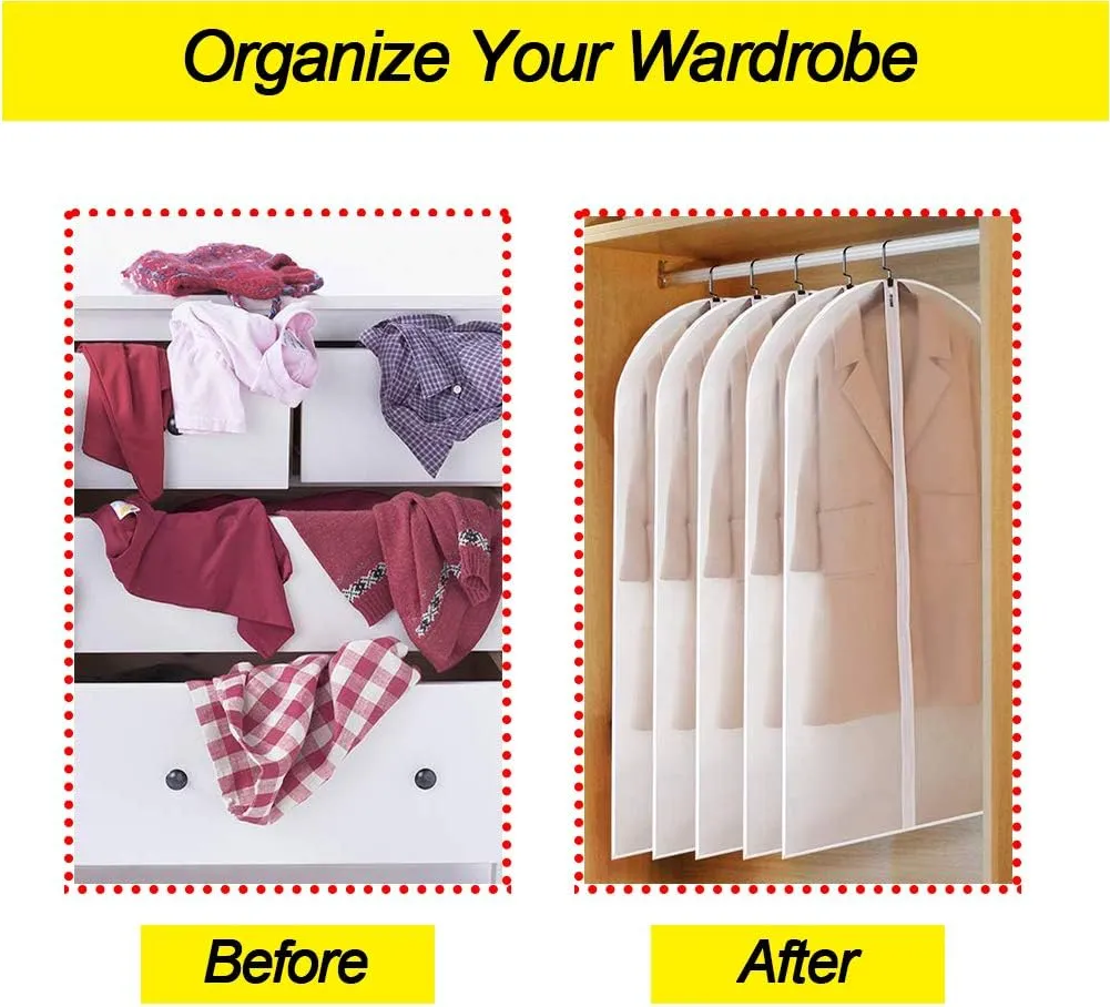 Suit Bags for Closet Storage Hanging Garment Bag 24''X40'' Lightweight Clear Full Zipper Suit Bags (Set of 6) PEVA Breathable Garment Cover for Suit Closet Clothes Storage