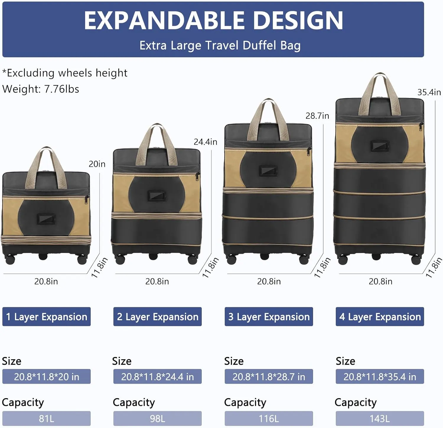 Suitcases with Wheels, Expandable Collapsible Luggage Rolling Travel Duffle Bag with Telescopic Handle, Foldable 143L Large Weekender Bag for Men Women