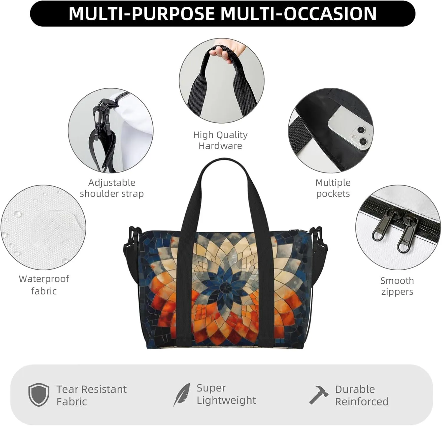 sunburst art print Travel Duffel Bag, Sports Tote Gym Bag, Swim Pool Bag Large Shoulder Tote Bag for Beach Weekender