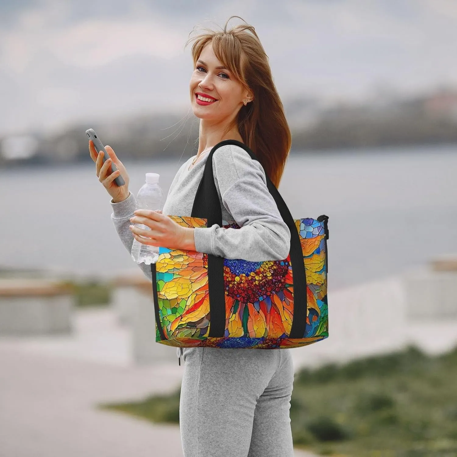 sunflowe stained glass print Travel Duffel Bag, Sports Tote Gym Bag, Swim Pool Bag Large Shoulder Tote Bag for Beach Weekender