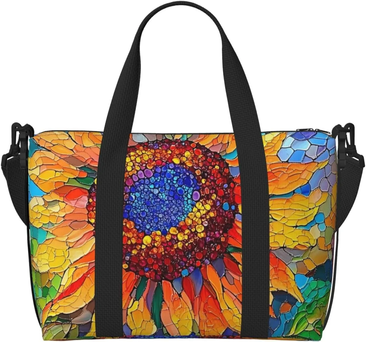 sunflowe stained glass print Travel Duffel Bag, Sports Tote Gym Bag, Swim Pool Bag Large Shoulder Tote Bag for Beach Weekender