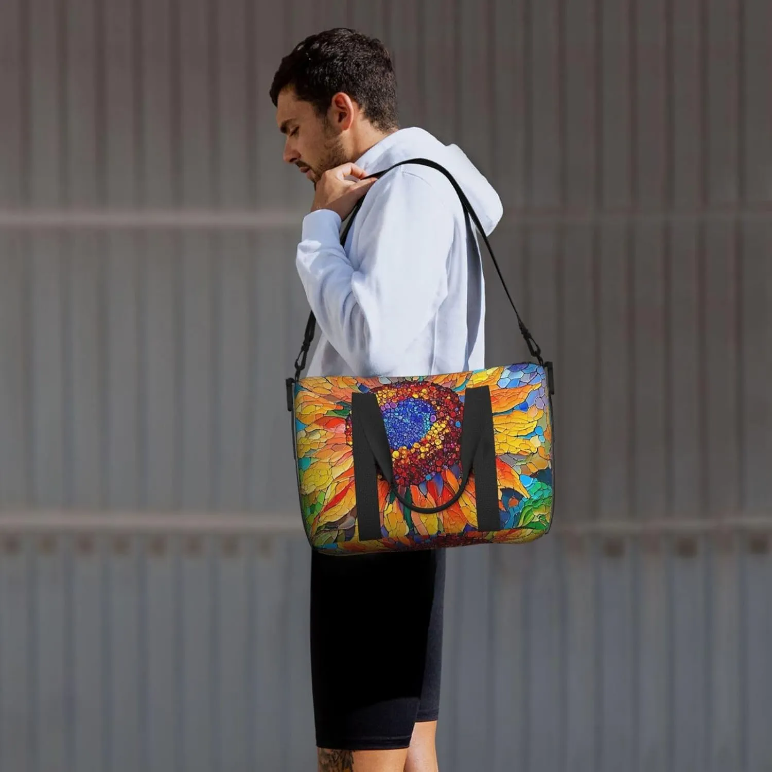 sunflowe stained glass print Travel Duffel Bag, Sports Tote Gym Bag, Swim Pool Bag Large Shoulder Tote Bag for Beach Weekender
