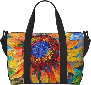 sunflowe stained glass print Travel Duffel Bag, Sports Tote Gym Bag, Swim Pool Bag Large Shoulder Tote Bag for Beach Weekender