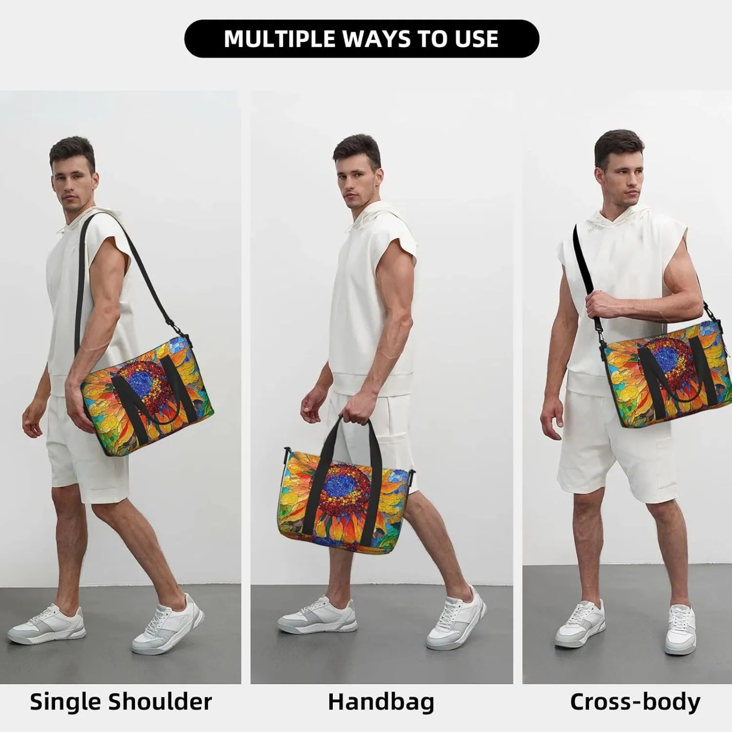 sunflowe stained glass print Travel Duffel Bag, Sports Tote Gym Bag, Swim Pool Bag Large Shoulder Tote Bag for Beach Weekender