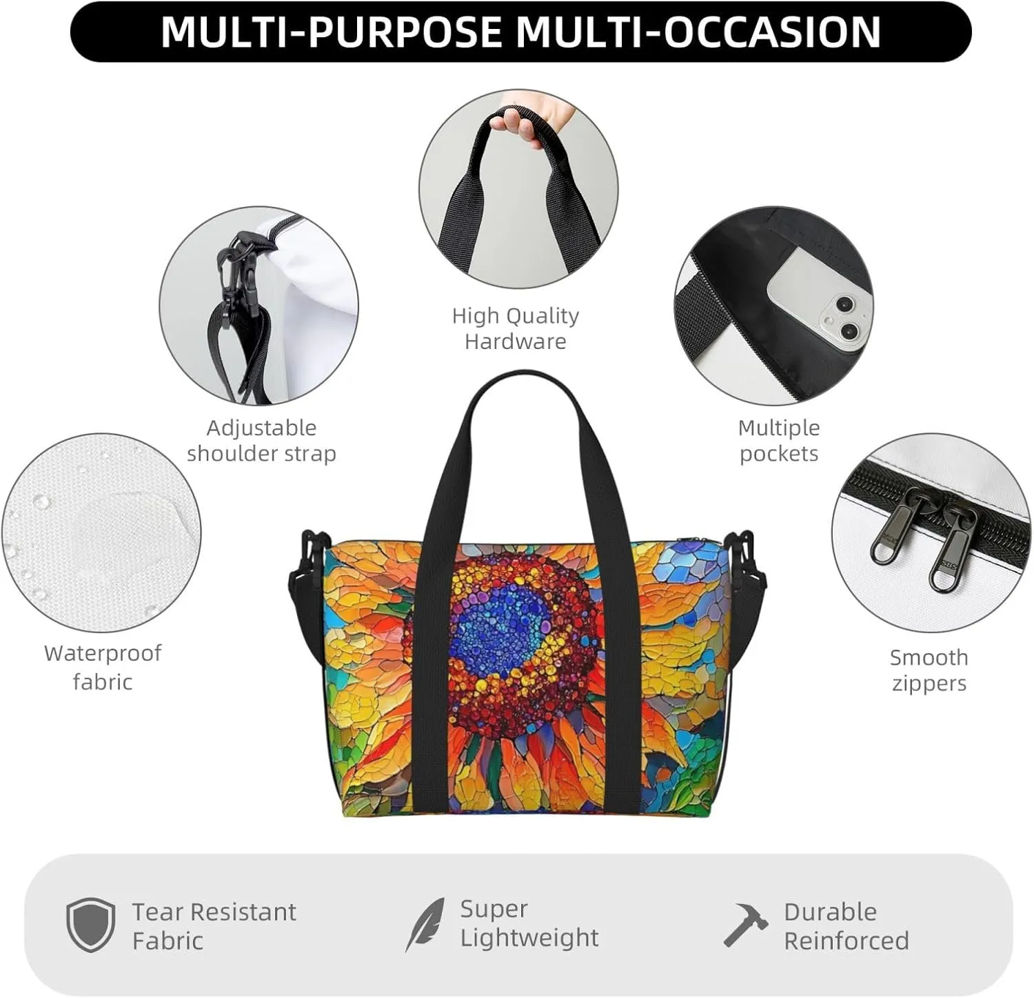 sunflowe stained glass print Travel Duffel Bag, Sports Tote Gym Bag, Swim Pool Bag Large Shoulder Tote Bag for Beach Weekender