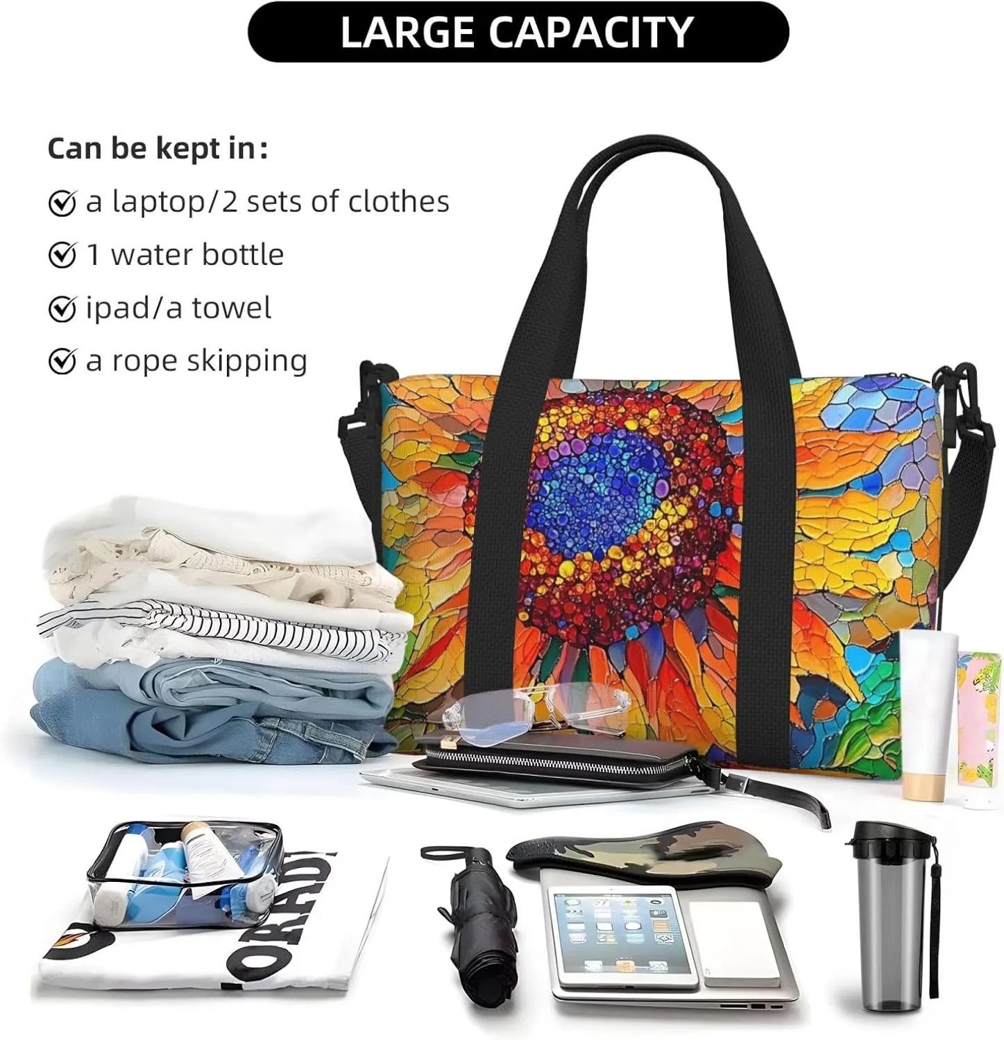 sunflowe stained glass print Travel Duffel Bag, Sports Tote Gym Bag, Swim Pool Bag Large Shoulder Tote Bag for Beach Weekender