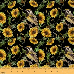 Sunflower Fabric by The Yard, Nature Bird Floral Print Upholstery Fabric for Chairs, Blossom Flowers Botanical Decor Waterproof Fabric for DIY Indoor and Outdoor Projects, 2 Yards, Yellow Brown