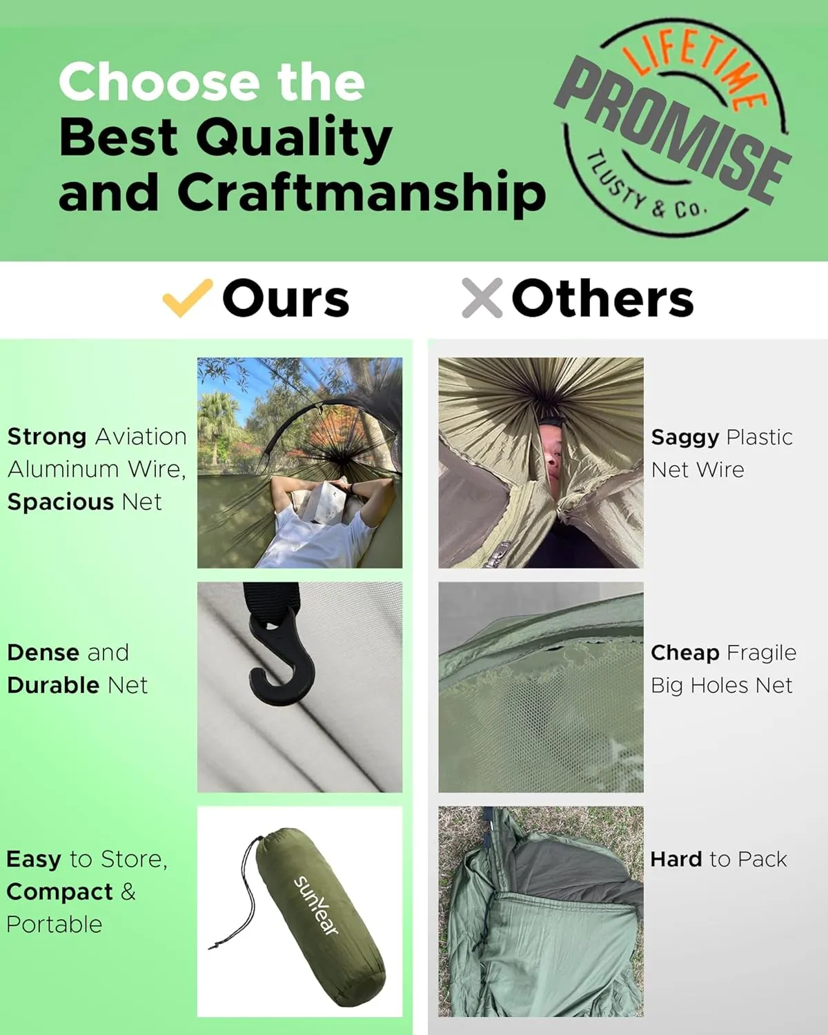 Sunyear Camping Hammock with Net - Double&Single Hammock with House-Like Net- Easy Setup & Pack, Lightweight & Portable, Perfect for Hiking, Backpacking, Outdoor Sleeping