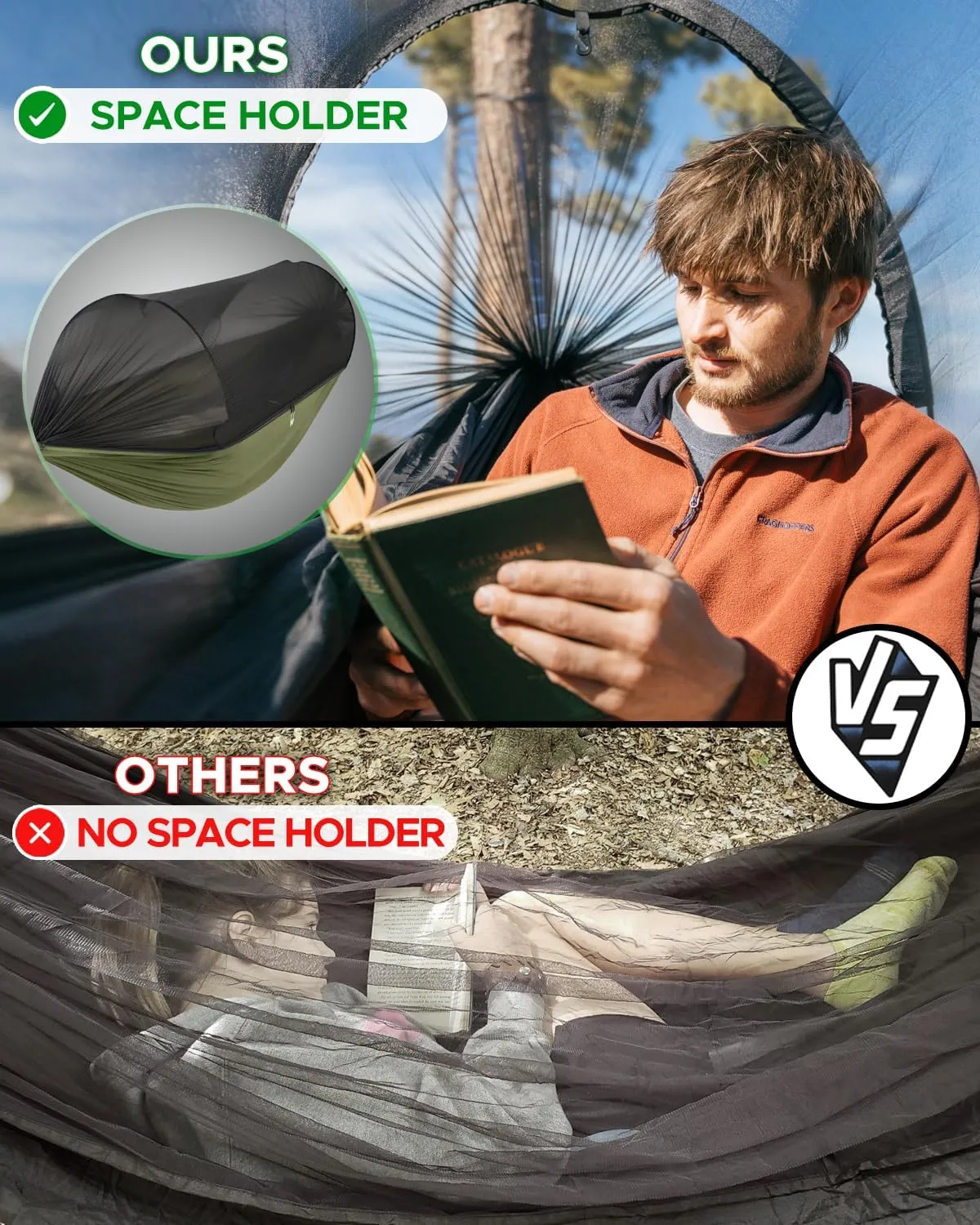Sunyear Camping Hammock with Net - Double&Single Hammock with House-Like Net- Easy Setup & Pack, Lightweight & Portable, Perfect for Hiking, Backpacking, Outdoor Sleeping