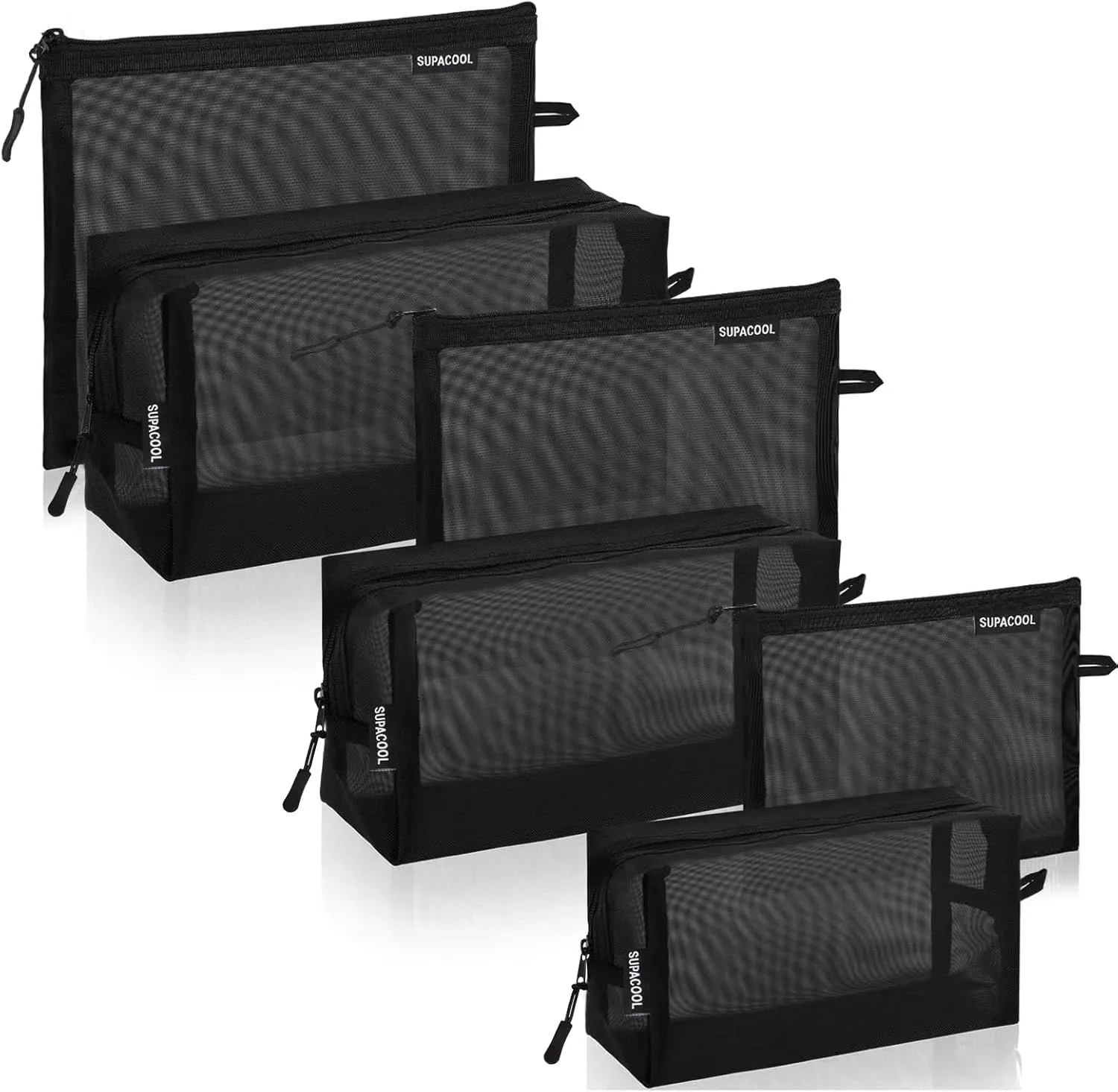 SUPACOOL Set of 6 Travel Mesh Makeup Bag, Cosmetic Organizer Pouche with Zipper, Diaper Organizing Pouches, Nylon Toiletries Bag for Women and Men(6pcs, Black)