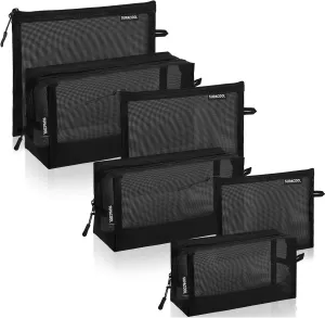 SUPACOOL Set of 6 Travel Mesh Makeup Bag, Cosmetic Organizer Pouche with Zipper, Diaper Organizing Pouches, Nylon Toiletries Bag for Women and Men(6pcs, Black)