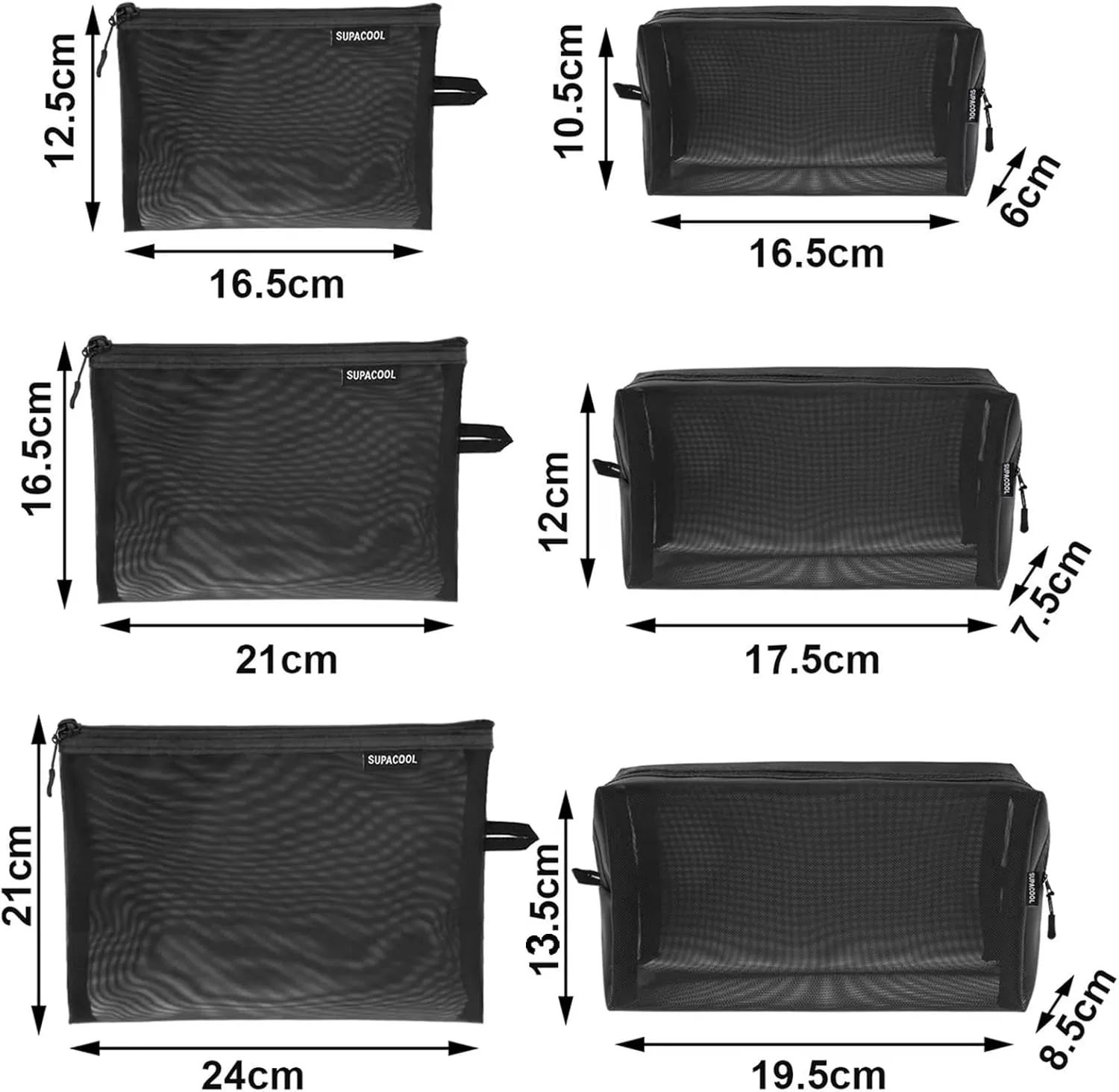 SUPACOOL Set of 6 Travel Mesh Makeup Bag, Cosmetic Organizer Pouche with Zipper, Diaper Organizing Pouches, Nylon Toiletries Bag for Women and Men(6pcs, Black)