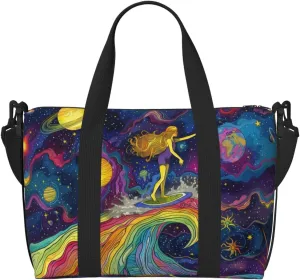 surfing rainbows stars planets print Travel Duffel Bag, Sports Tote Gym Bag, Swim Pool Bag Large Shoulder Tote Bag for Beach Weekender