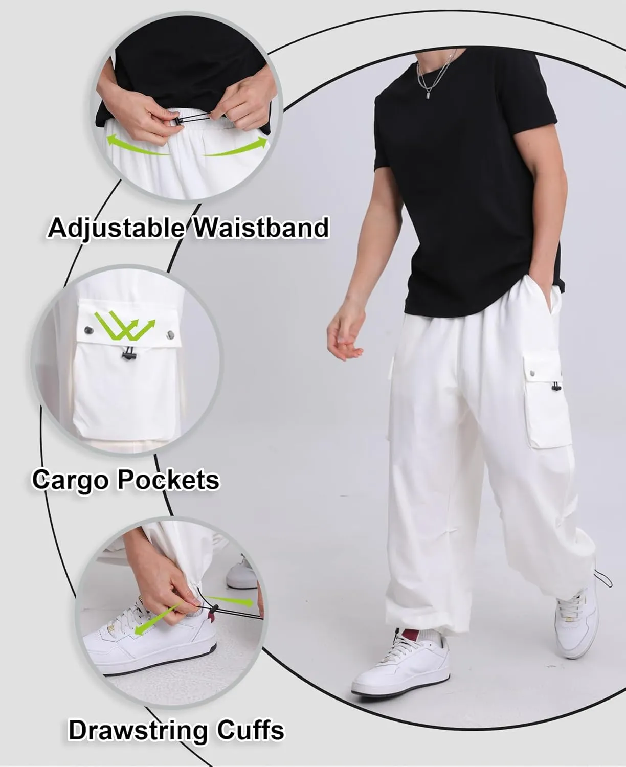 Susclude Parachute Cargo Pants for Men Loose Fit Baggy Sweatpants Casual Pant with Pocket Outdoor Drawstring Trousers 2025