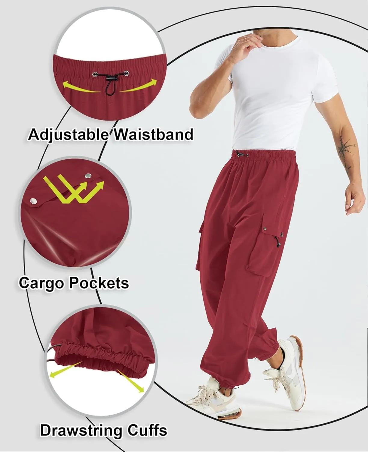 Susclude Parachute Cargo Pants for Men Loose Fit Baggy Sweatpants Casual Pant with Pocket Outdoor Drawstring Trousers 2025