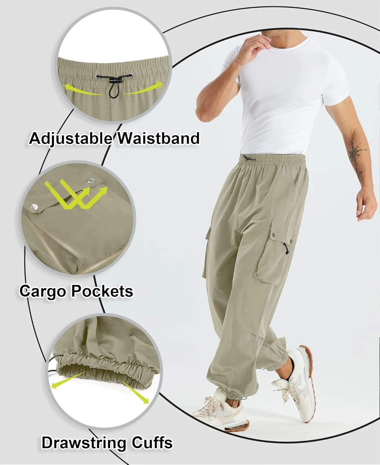 Susclude Parachute Cargo Pants for Men Loose Fit Baggy Sweatpants Casual Pant with Pocket Outdoor Drawstring Trousers 2025