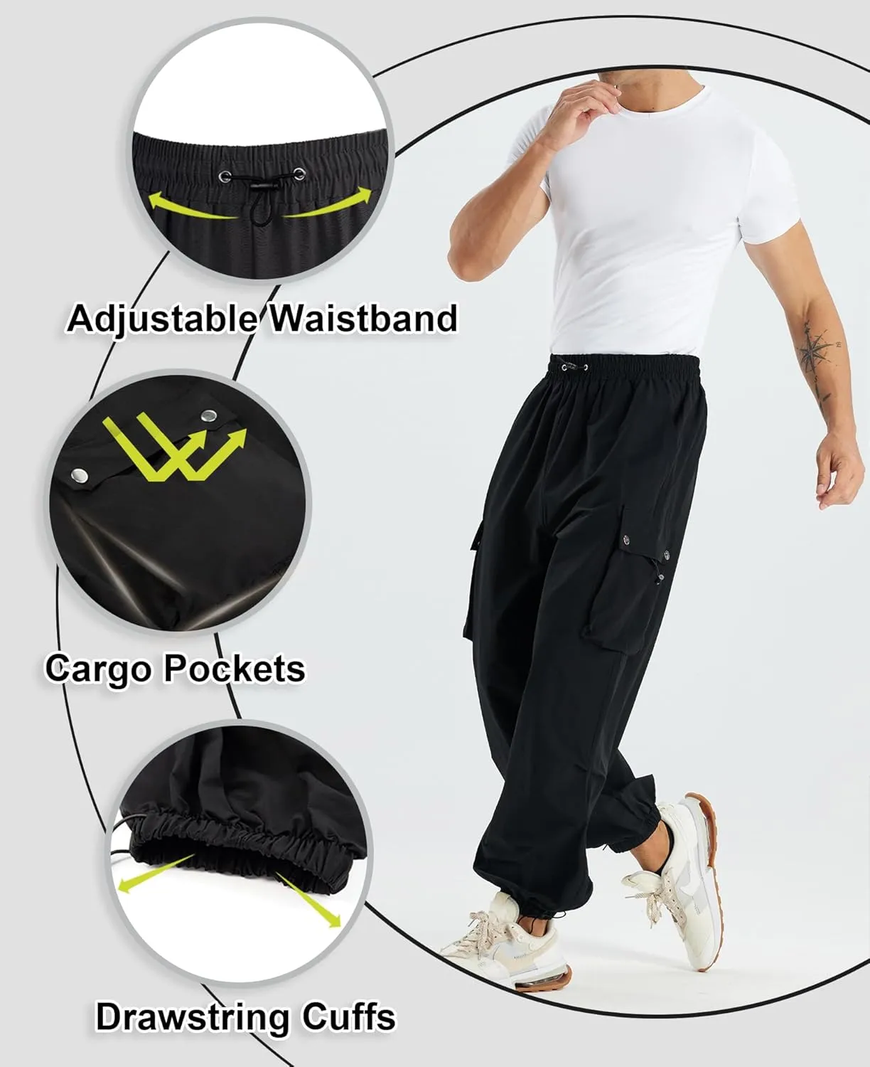 Susclude Parachute Cargo Pants for Men Loose Fit Baggy Sweatpants Casual Pant with Pocket Outdoor Drawstring Trousers 2025