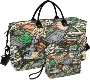 susiyo Eyeballs Gravestones Expandable Travel Duffle Bag, Large Weekender Overnight Bags and Adjustable Strap, Carry On Shoulder Tote Bag, Gym Duffel Bag with Toiletry Bags for Hospital