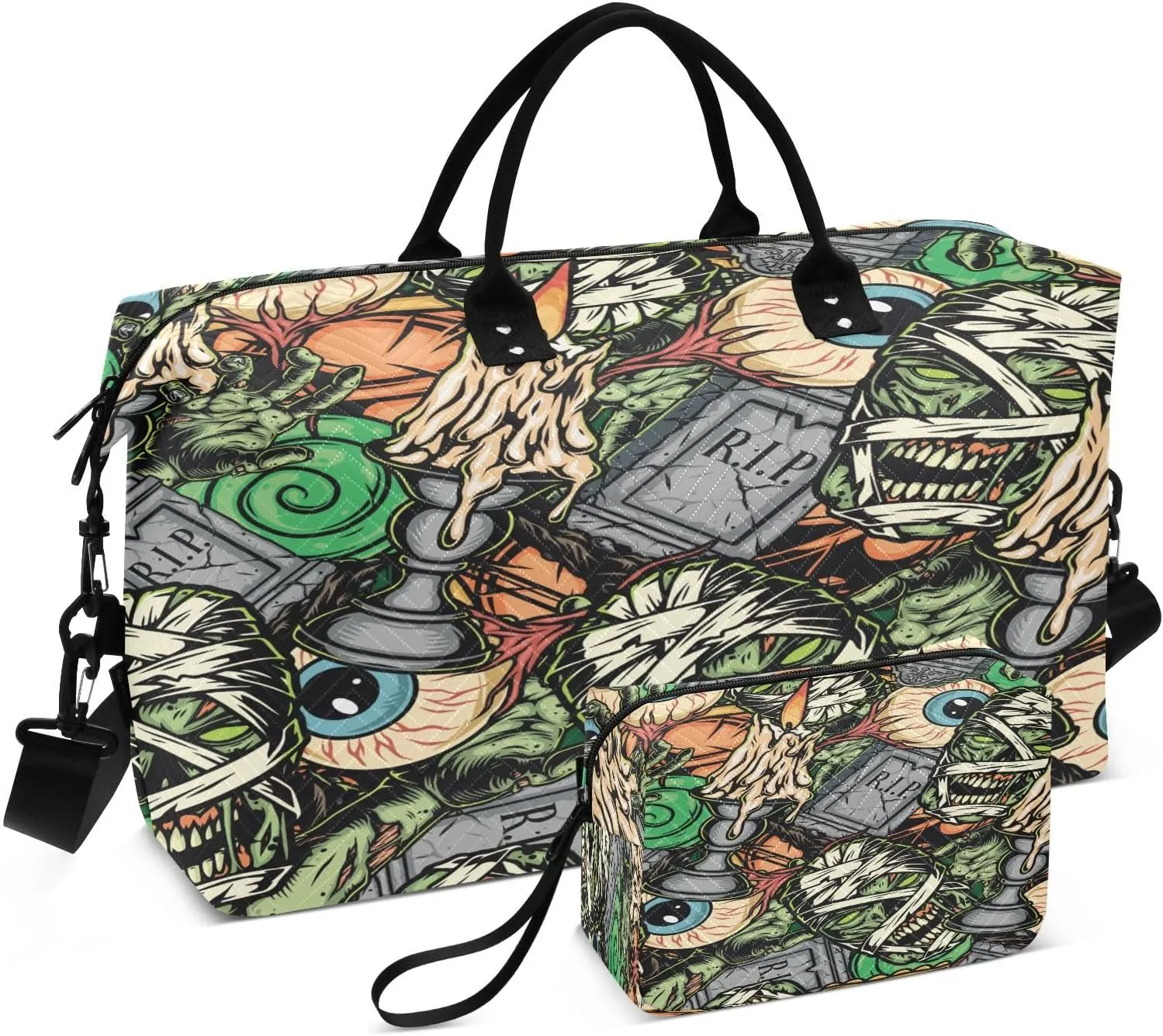 susiyo Eyeballs Gravestones Expandable Travel Duffle Bag, Large Weekender Overnight Bags and Adjustable Strap, Carry On Shoulder Tote Bag, Gym Duffel Bag with Toiletry Bags for Hospital