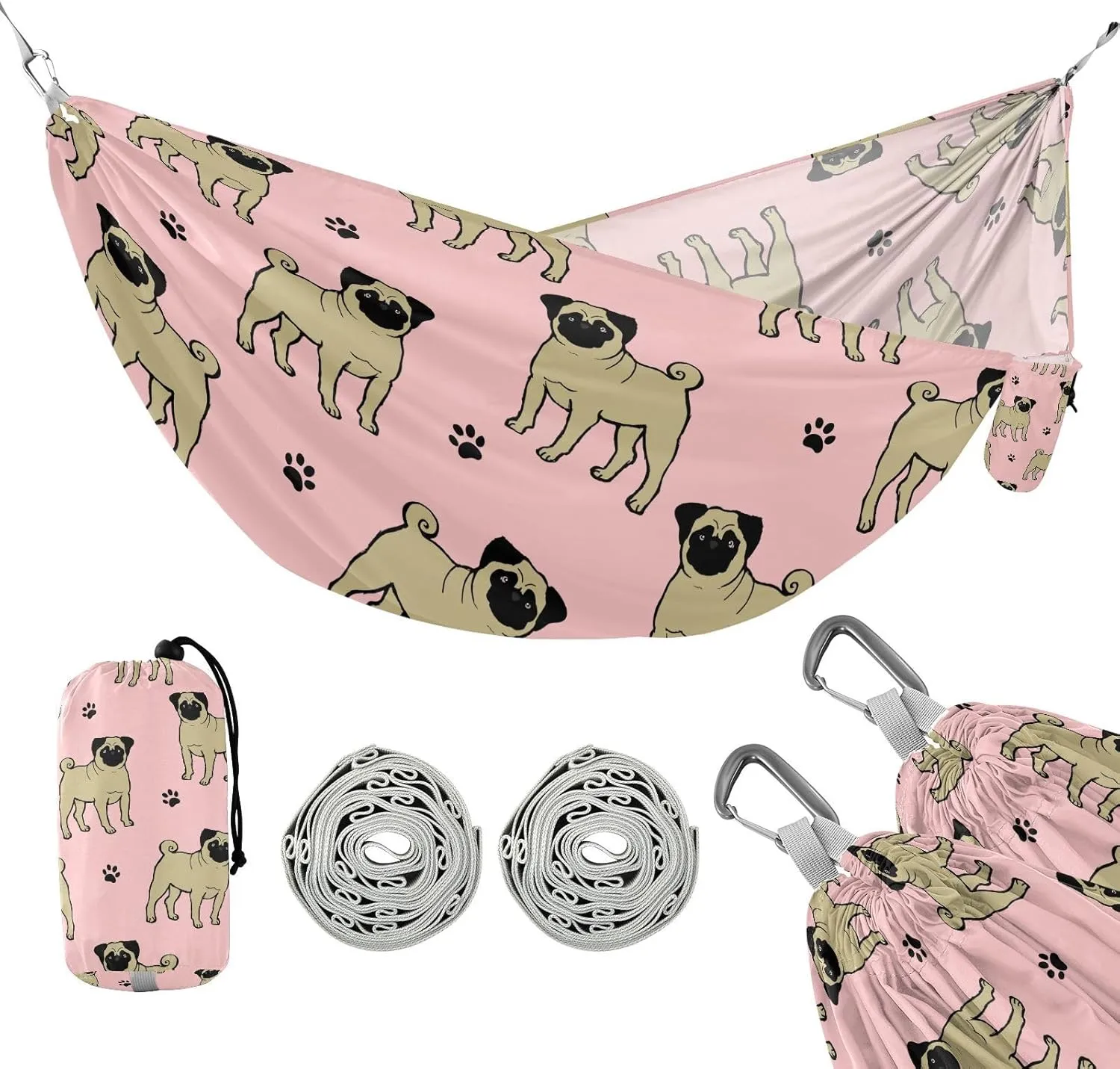 susiyo Portable Camping Hammock Funny Happy Pug Dog Printed Lightweight Hammock Comfortable Travel Swing with Tree Straps for Camping Hiking Backpacking Travel or Beach - Up to 330lbs