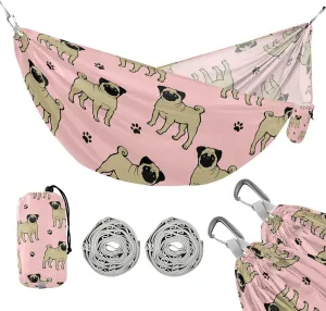 susiyo Portable Camping Hammock Funny Happy Pug Dog Printed Lightweight Hammock Comfortable Travel Swing with Tree Straps for Camping Hiking Backpacking Travel or Beach - Up to 330lbs