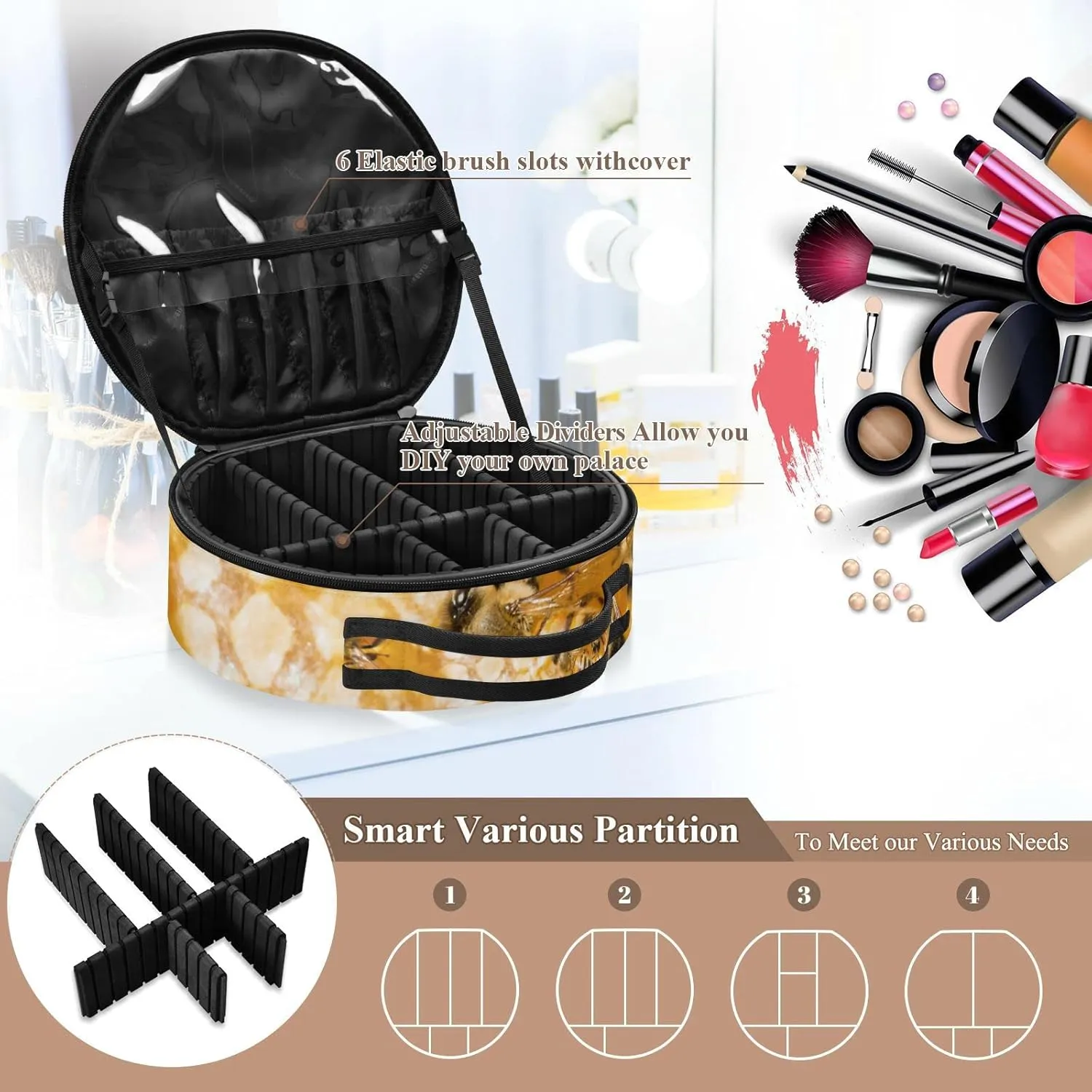 Sweet Honey with Working Bees on Yellow Honeycomb Women's Portable Round Makeup Bag with Handle, Cosmetic Bag, Adjustable Dividers, Travel Cosmetic Storage 11 x 3.5 x 10 inch