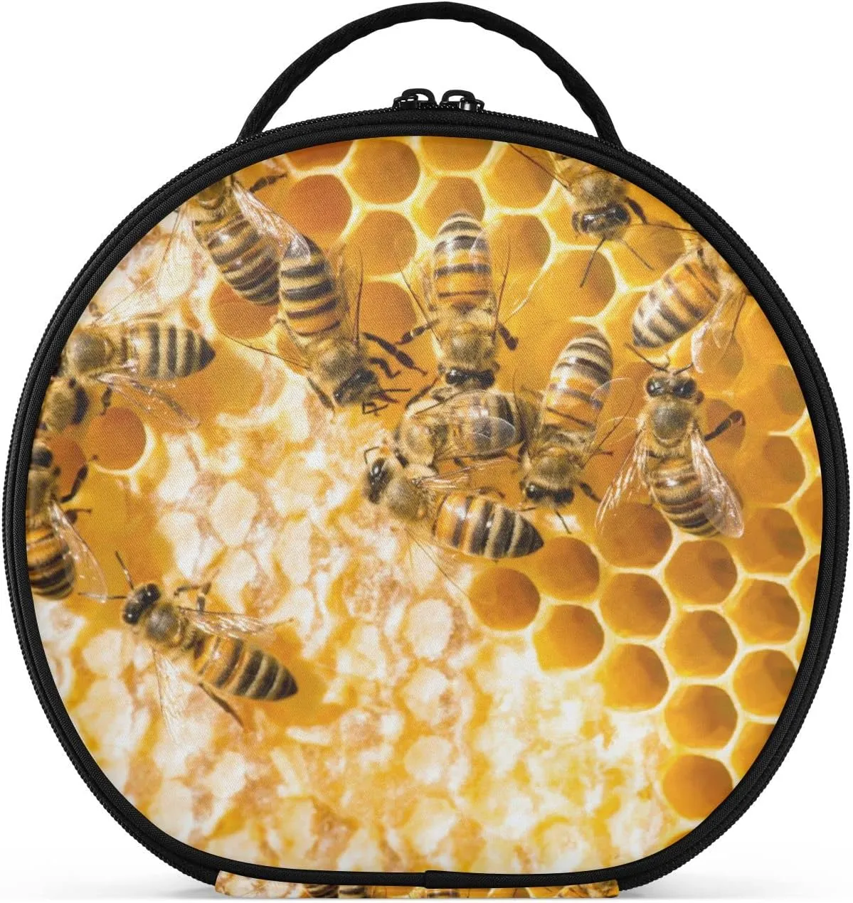 Sweet Honey with Working Bees on Yellow Honeycomb Women's Portable Round Makeup Bag with Handle, Cosmetic Bag, Adjustable Dividers, Travel Cosmetic Storage 11 x 3.5 x 10 inch