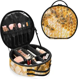 Sweet Honey with Working Bees on Yellow Honeycomb Women's Portable Round Makeup Bag with Handle, Cosmetic Bag, Adjustable Dividers, Travel Cosmetic Storage 11 x 3.5 x 10 inch