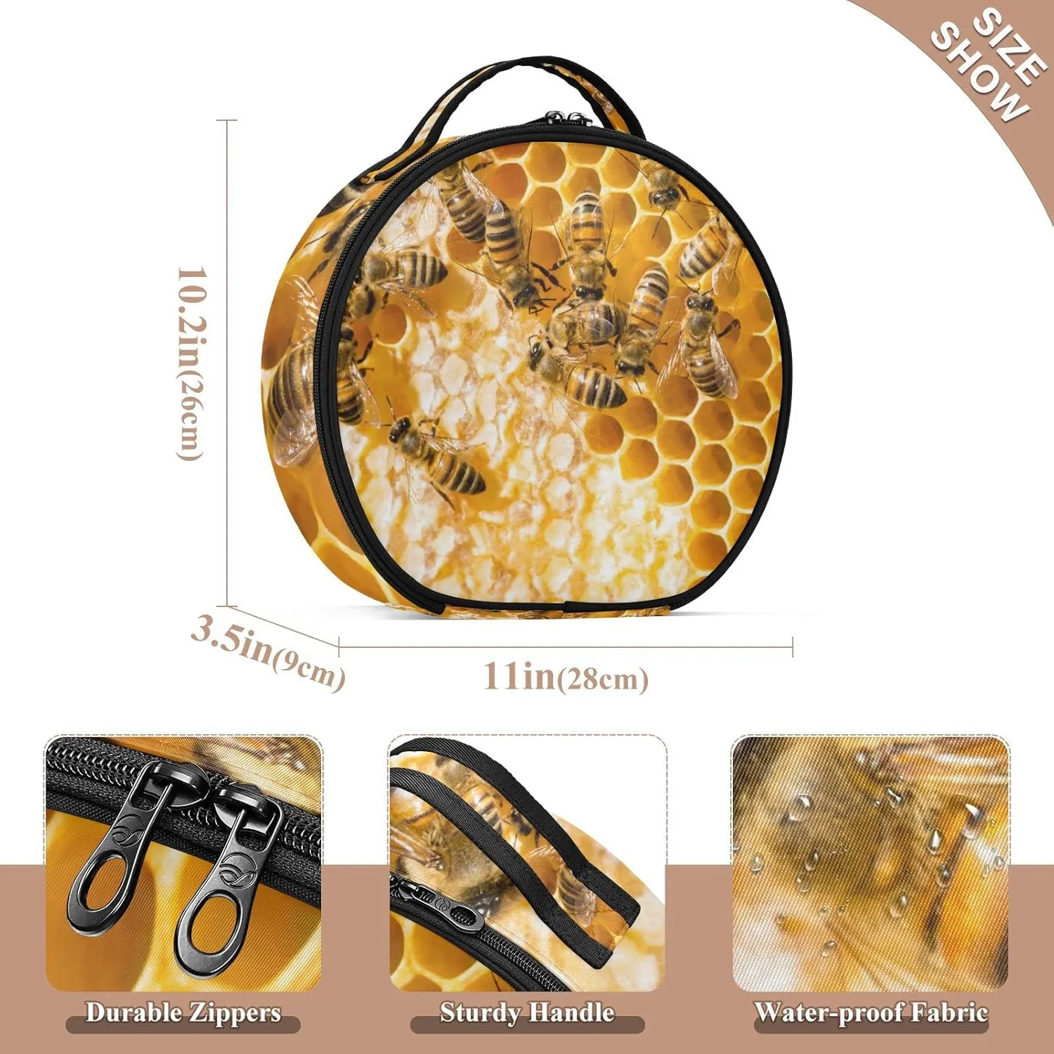 Sweet Honey with Working Bees on Yellow Honeycomb Women's Portable Round Makeup Bag with Handle, Cosmetic Bag, Adjustable Dividers, Travel Cosmetic Storage 11 x 3.5 x 10 inch