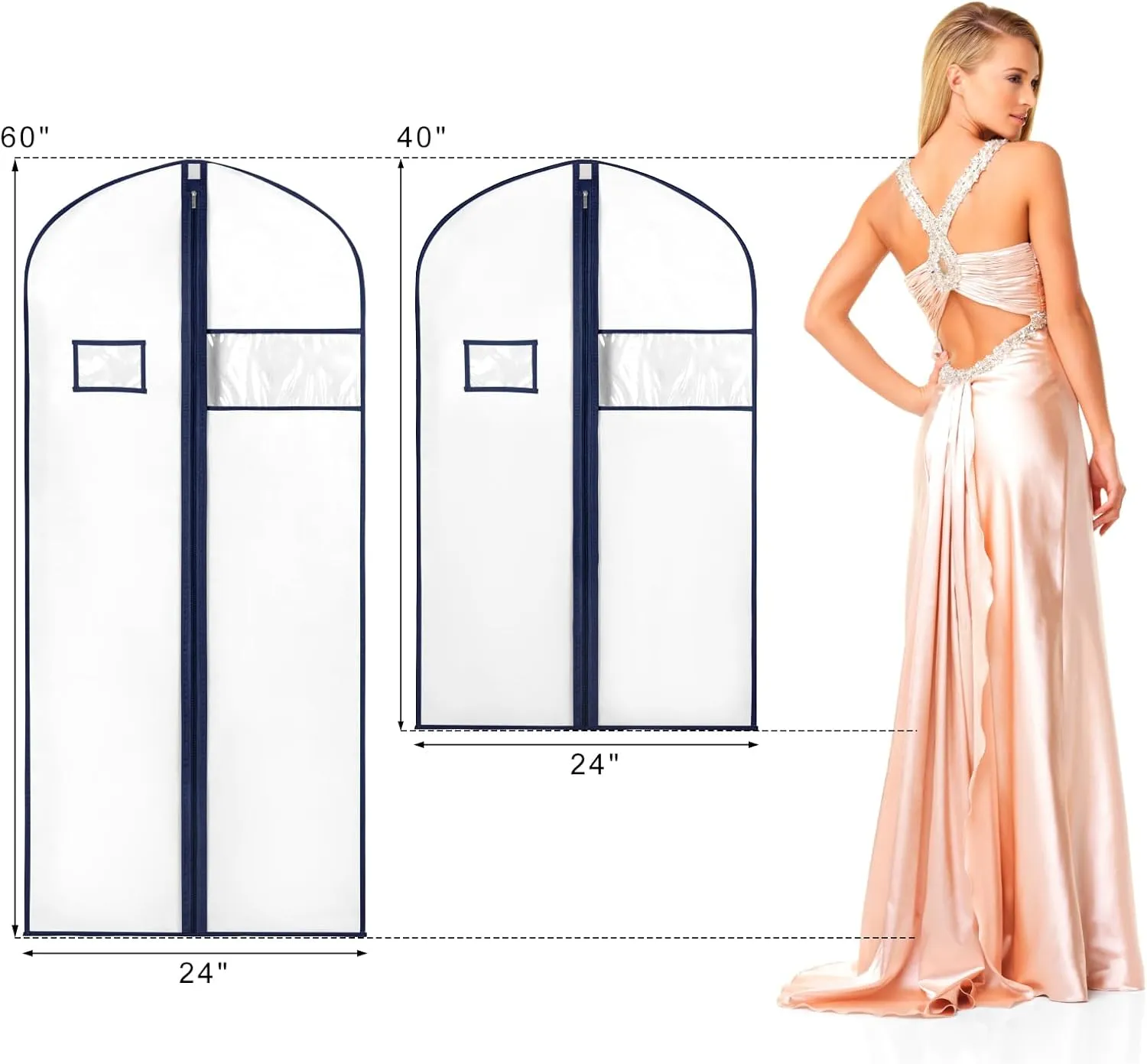 Syeeiex 40" Suit Bag Set - 8 Garment Bags for Hanging Clothes, Closet Storage - White & Dark Blue
