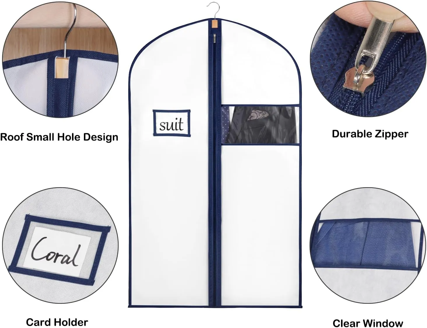 Syeeiex 40" Suit Bag Set - 8 Garment Bags for Hanging Clothes, Closet Storage - White & Dark Blue