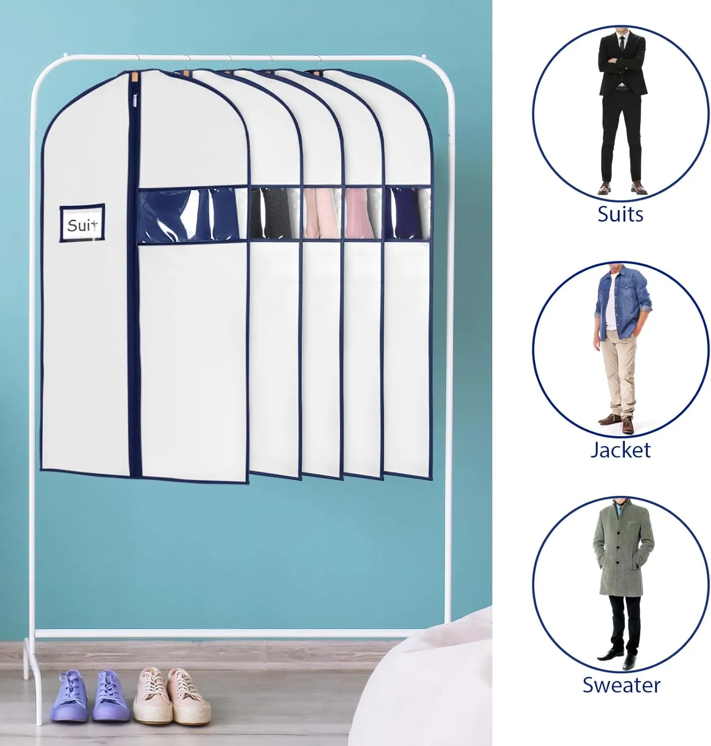 Syeeiex 40" Suit Bag Set - 8 Garment Bags for Hanging Clothes, Closet Storage - White & Dark Blue