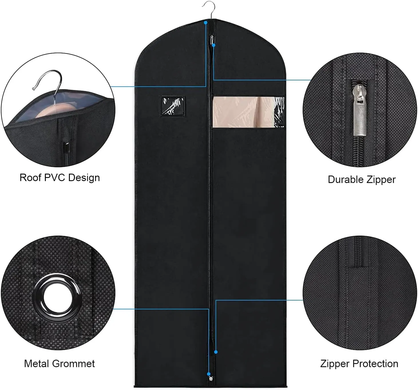 Syeeiex 60'' Garment Bags for Hanging Clothes(Set of 8), Dress Bags for Gown, Garment Bag for Dresses Long, Dress Garment Bag for Suit, Evening Dresses, Fur Coat, Long Dress Gown(Black)