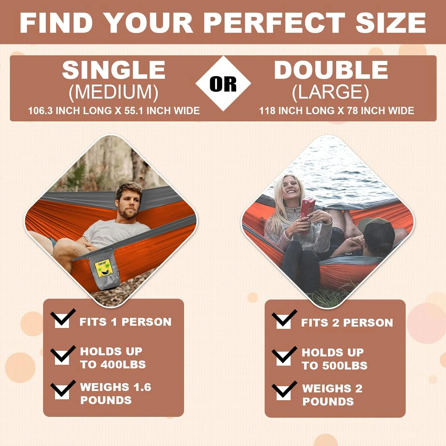 SZHLUX Camping Hammock Double & Single Portable Hammocks with 2 Tree Straps, Great for Hiking,Backpacking,Hunting,Outdoor,Beach,Camping