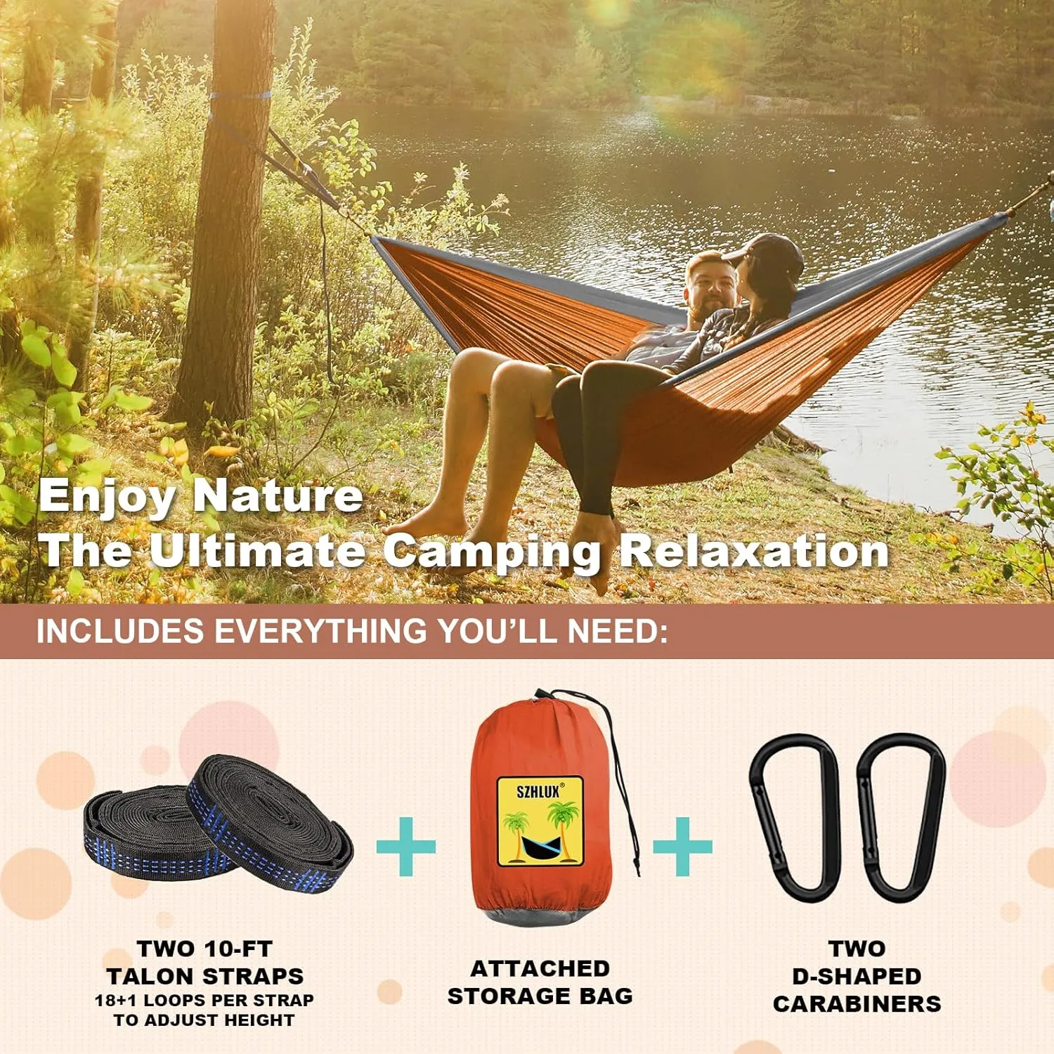 SZHLUX Camping Hammock Double & Single Portable Hammocks with 2 Tree Straps, Great for Hiking,Backpacking,Hunting,Outdoor,Beach,Camping