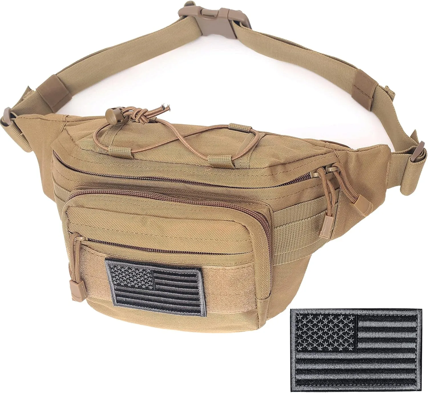 Tactical Fanny Pack, Military Waist Bag Hip Belt Bumbag Utility Bags for Outdoor Hiking Climbing Fishing with U.S Patch (1 Pack Tan)