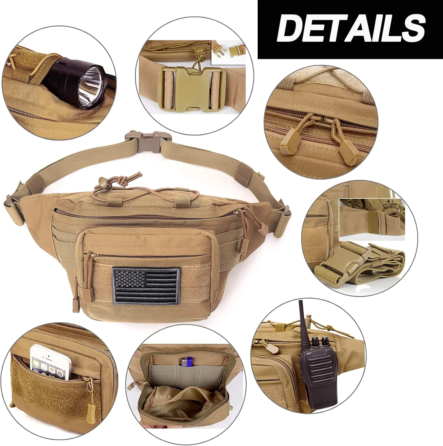 Tactical Fanny Pack, Military Waist Bag Hip Belt Bumbag Utility Bags for Outdoor Hiking Climbing Fishing with U.S Patch (1 Pack Tan)