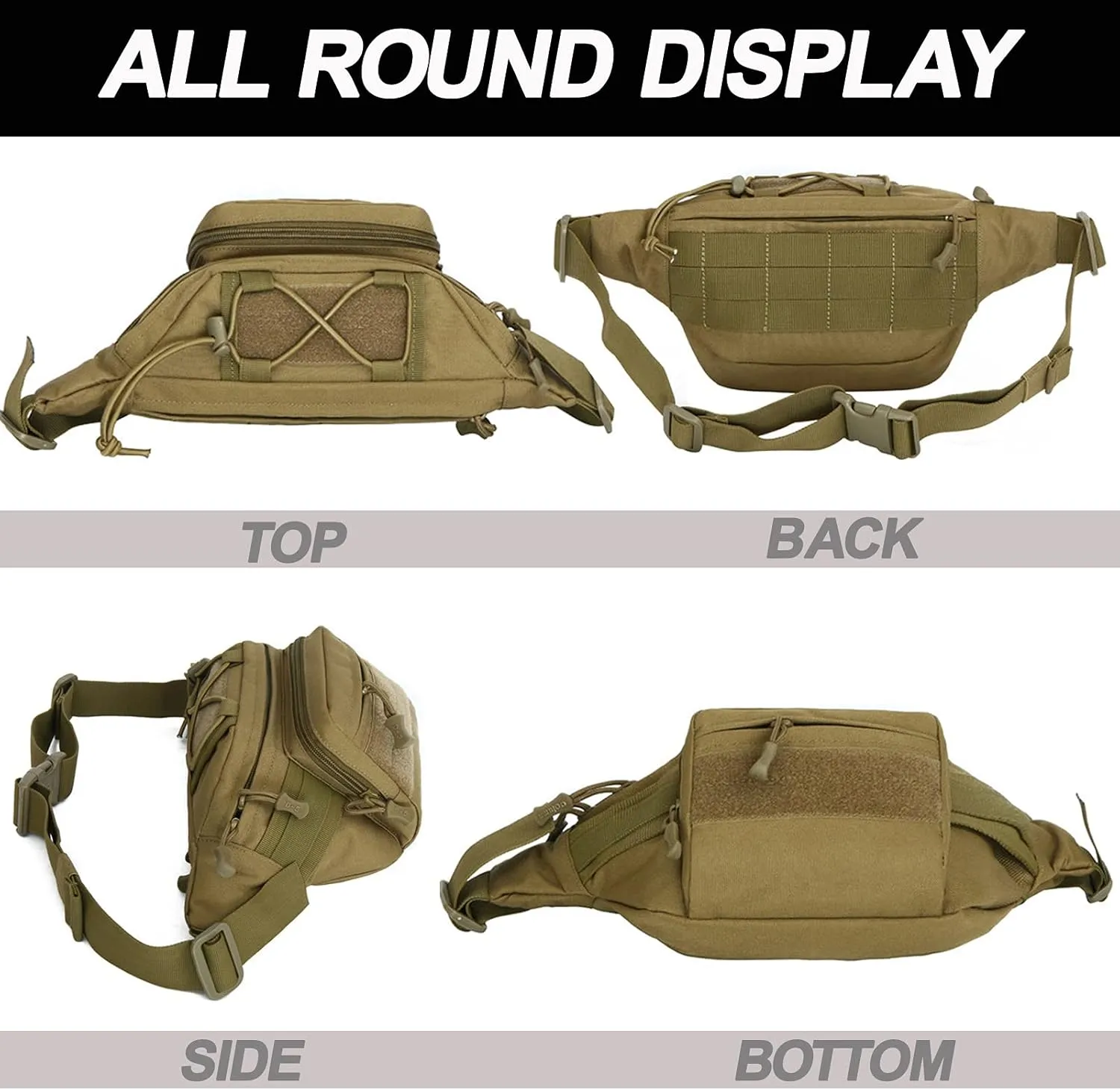Tactical Fanny Pack, Military Waist Bag Hip Belt Bumbag Utility Bags for Outdoor Hiking Climbing Fishing with U.S Patch (1 Pack Tan)