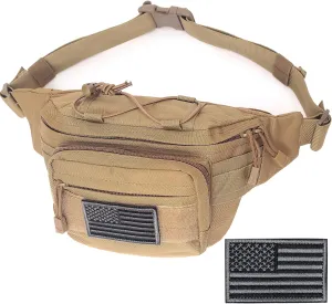 Tactical Fanny Pack, Military Waist Bag Hip Belt Bumbag Utility Bags for Outdoor Hiking Climbing Fishing with U.S Patch (1 Pack Tan)