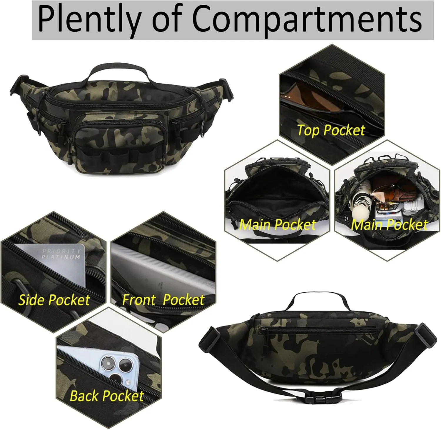 Tactical Fanny Pack,Small Fishing Tackle Bag Water-Resistant Military Waist Bags Portable Fishing Storage Waist Packs for Outdoor Fly Fishing Hiking Climbing with 2 PCS Mini Carabiners (Black Camo)