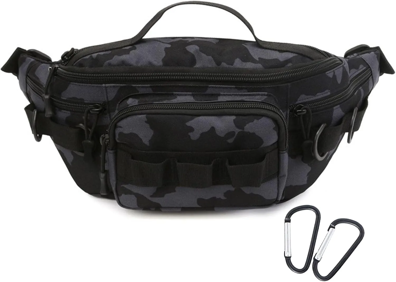 Tactical Fanny Pack,Small Fishing Tackle Bag Water-Resistant Military Waist Bags Portable Fishing Storage Waist Packs for Outdoor Fly Fishing Hiking Climbing with 2 PCS Mini Carabiners (Black Camo)