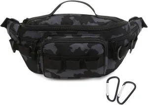 Tactical Fanny Pack,Small Fishing Tackle Bag Water-Resistant Military Waist Bags Portable Fishing Storage Waist Packs for Outdoor Fly Fishing Hiking Climbing with 2 PCS Mini Carabiners (Black Camo)