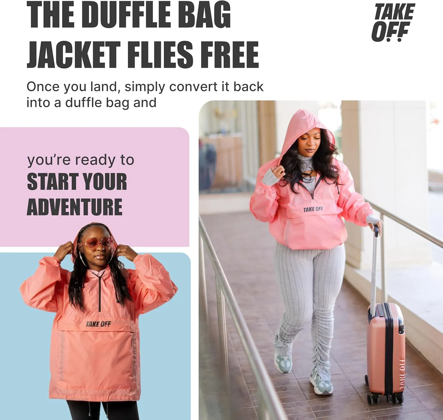 Take OFF Luggage - 3 in 1 Duffle Bag, Large Pocket Jacket or Pouch, Lightweight Oversized Windbreaker, Convertible Waterproof Garment, Personal Item & Carry On Accessories for Travel Essentials, Pink