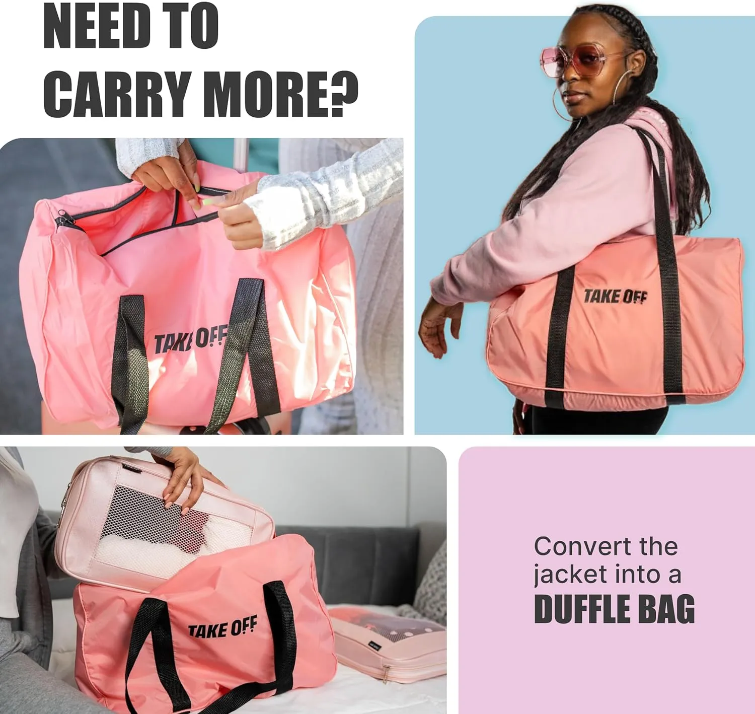 Take OFF Luggage - 3 in 1 Duffle Bag, Large Pocket Jacket or Pouch, Lightweight Oversized Windbreaker, Convertible Waterproof Garment, Personal Item & Carry On Accessories for Travel Essentials, Pink
