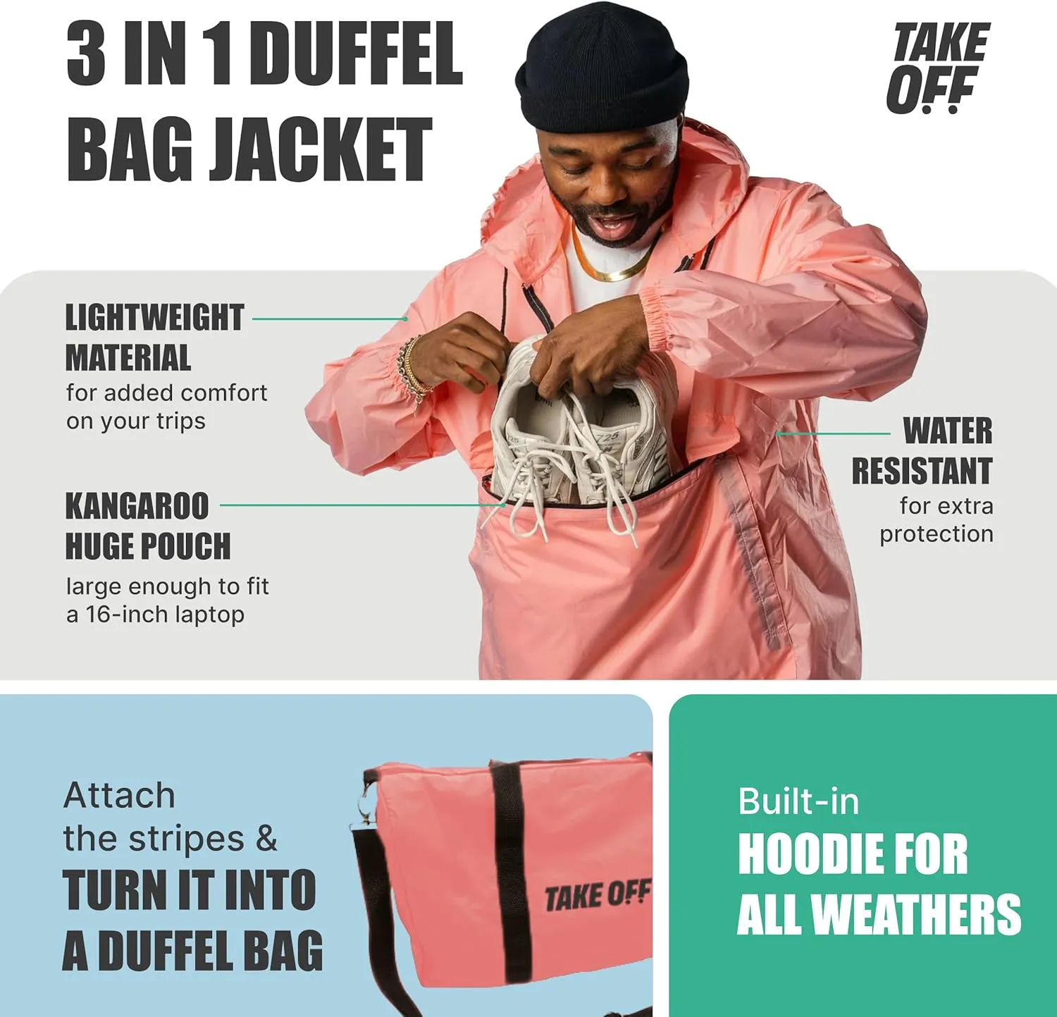 Take OFF Luggage - 3 in 1 Duffle Bag, Large Pocket Jacket or Pouch, Lightweight Oversized Windbreaker, Convertible Waterproof Garment, Personal Item & Carry On Accessories for Travel Essentials, Pink