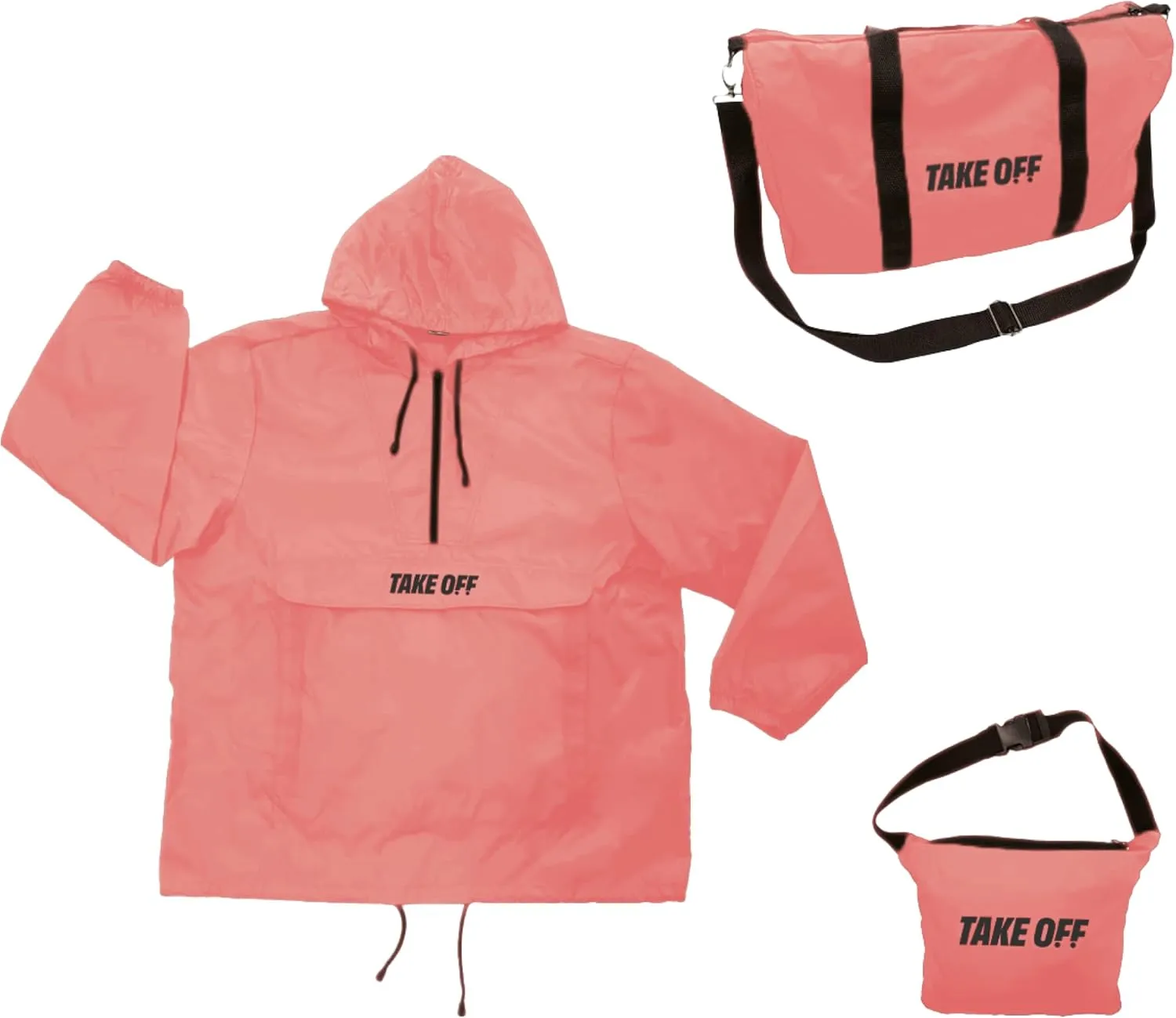 Take OFF Luggage - 3 in 1 Duffle Bag, Large Pocket Jacket or Pouch, Lightweight Oversized Windbreaker, Convertible Waterproof Garment, Personal Item & Carry On Accessories for Travel Essentials, Pink