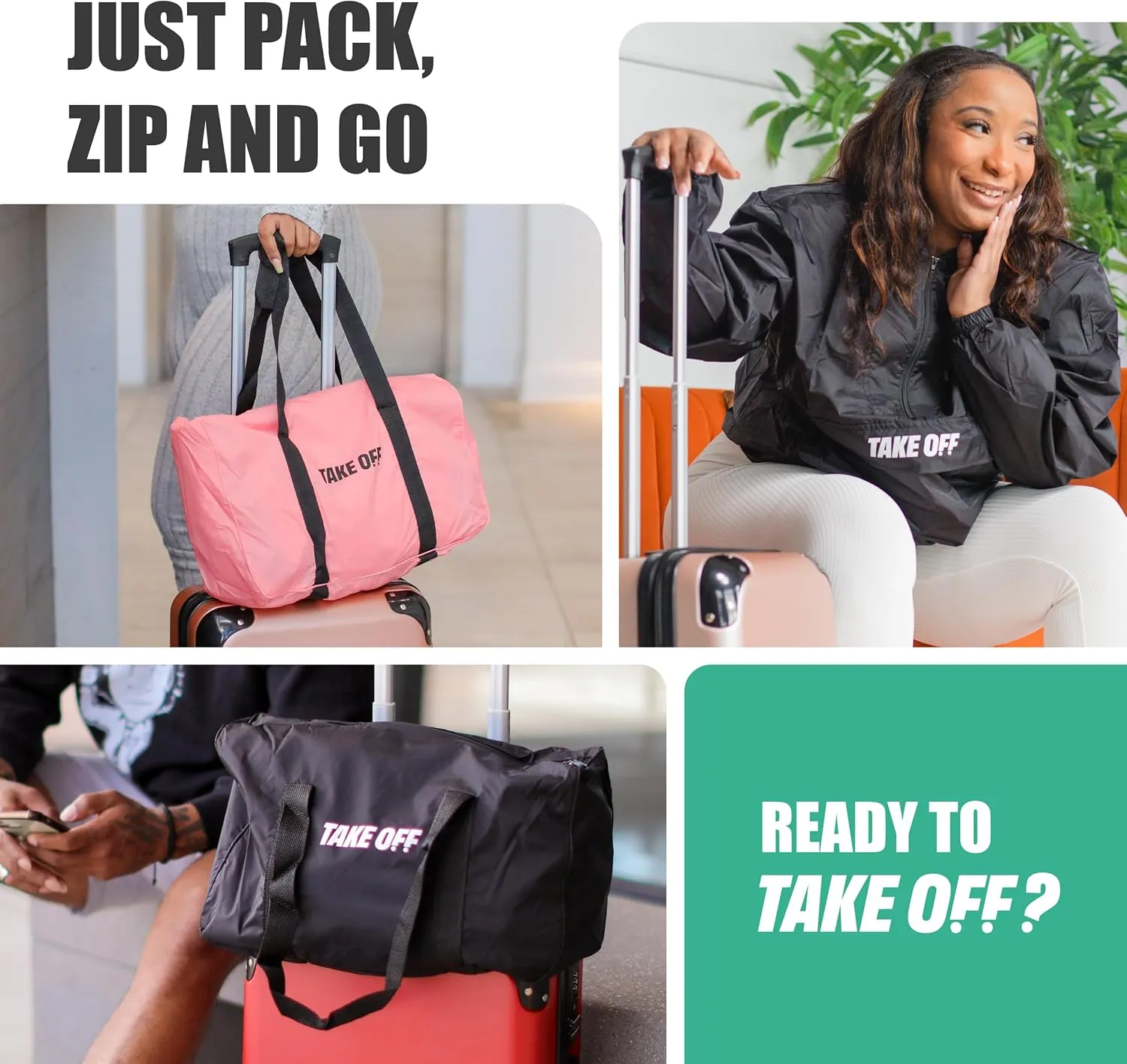 Take OFF Luggage - 3 in 1 Duffle Bag, Large Pocket Jacket or Pouch, Lightweight Oversized Windbreaker, Convertible Waterproof Garment, Personal Item & Carry On Accessories for Travel Essentials, Pink