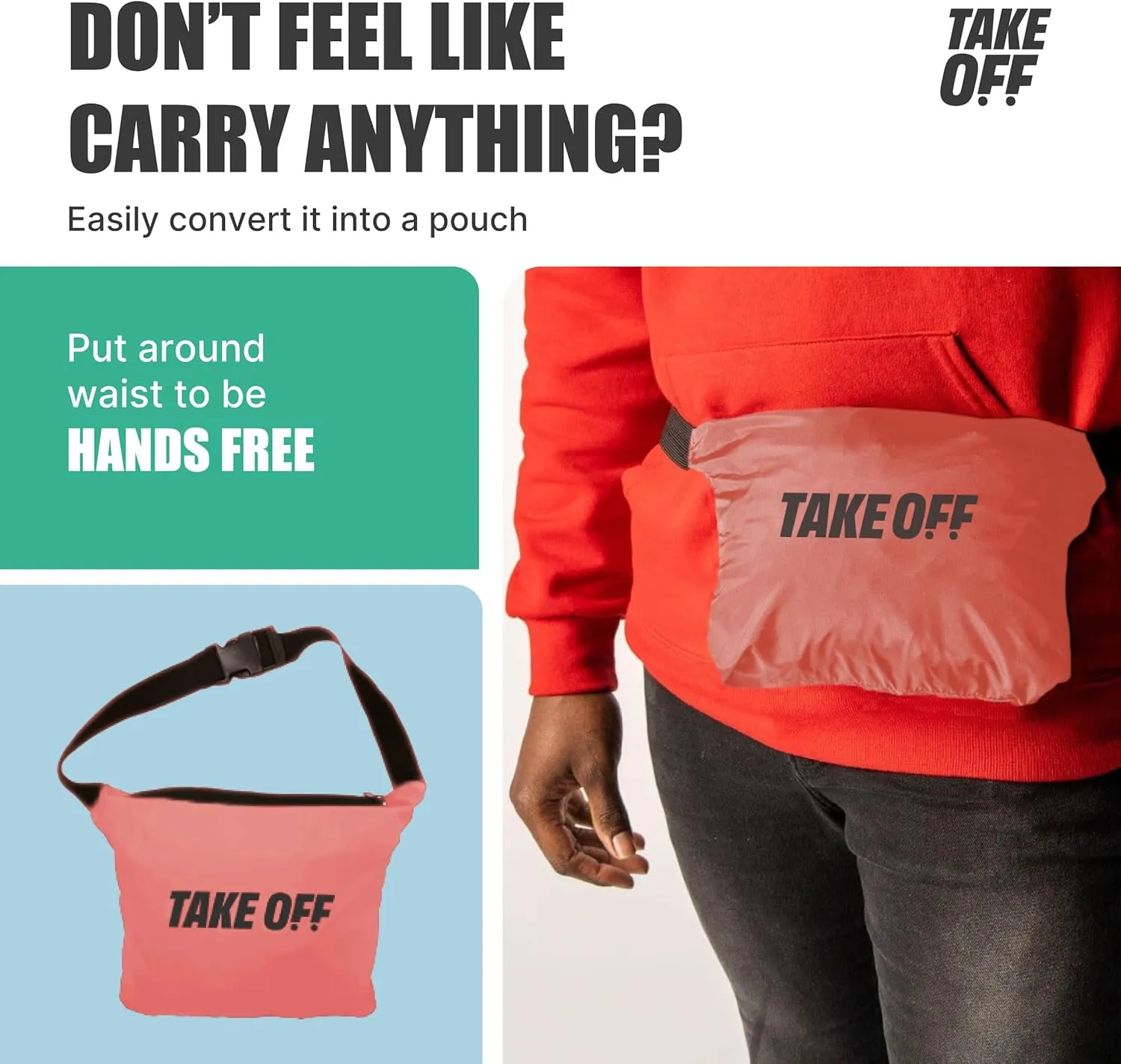 Take OFF Luggage - 3 in 1 Duffle Bag, Large Pocket Jacket or Pouch, Lightweight Oversized Windbreaker, Convertible Waterproof Garment, Personal Item & Carry On Accessories for Travel Essentials, Pink