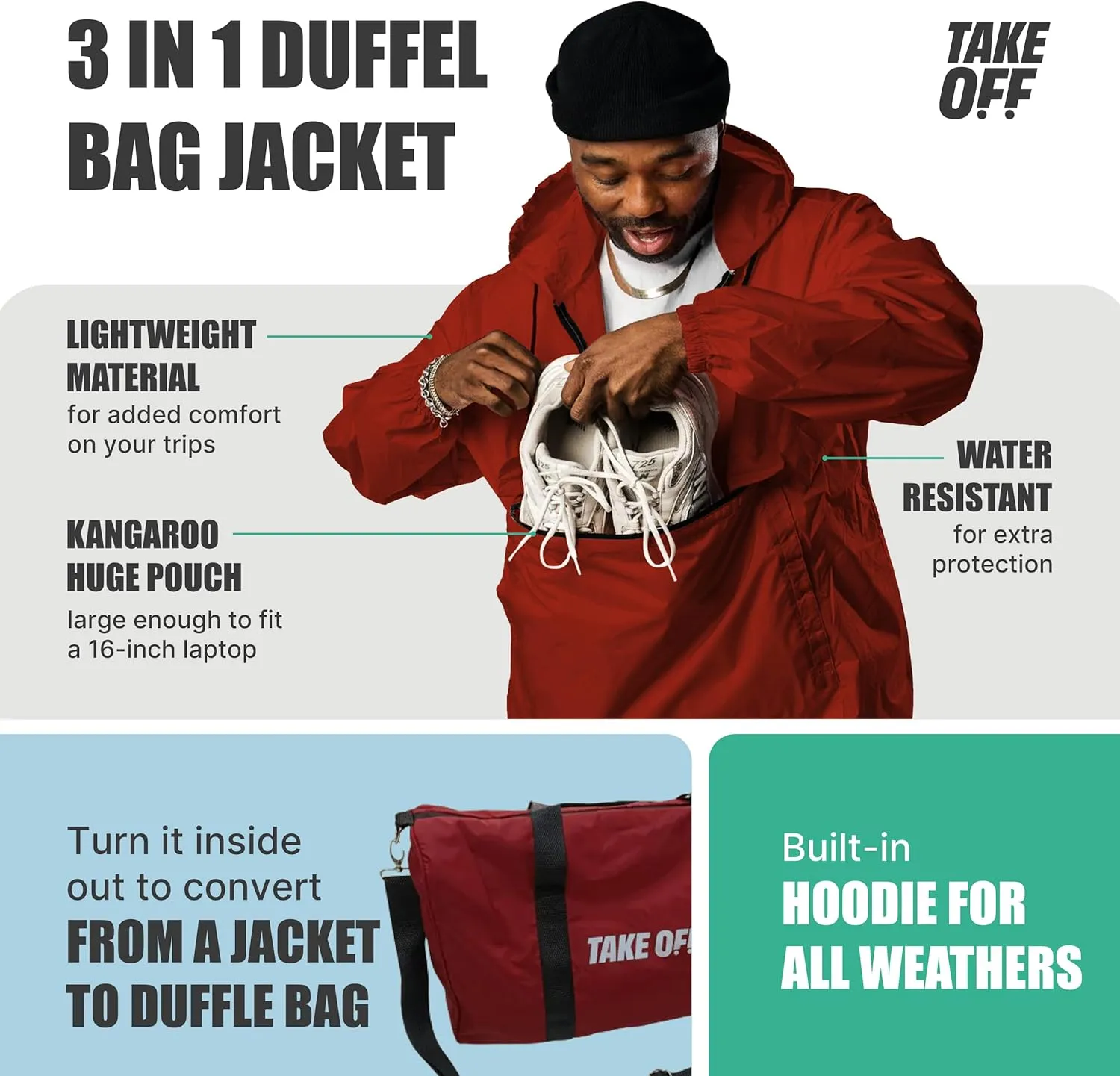 TAKE OFF Luggage - 3 in 1 Duffle Bag, Large Pocket Jacket or Pouch, Lightweight Oversized Windbreaker, Convertible Waterproof Garment, Personal Item & Carry On Accessories for Travel Essentials, Red